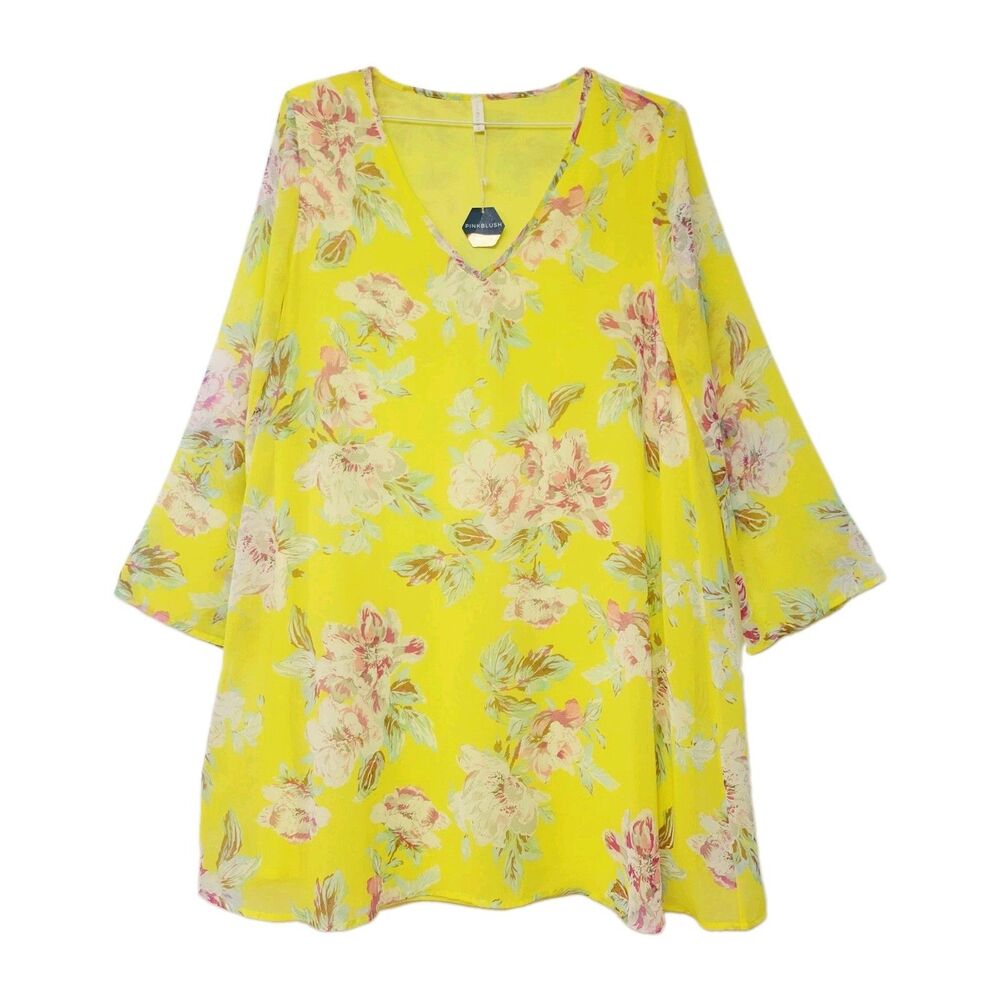 PinkBlush Yellow Floral Tunic Dress L Boho V-Neck Bell Sleeve Lined NWT